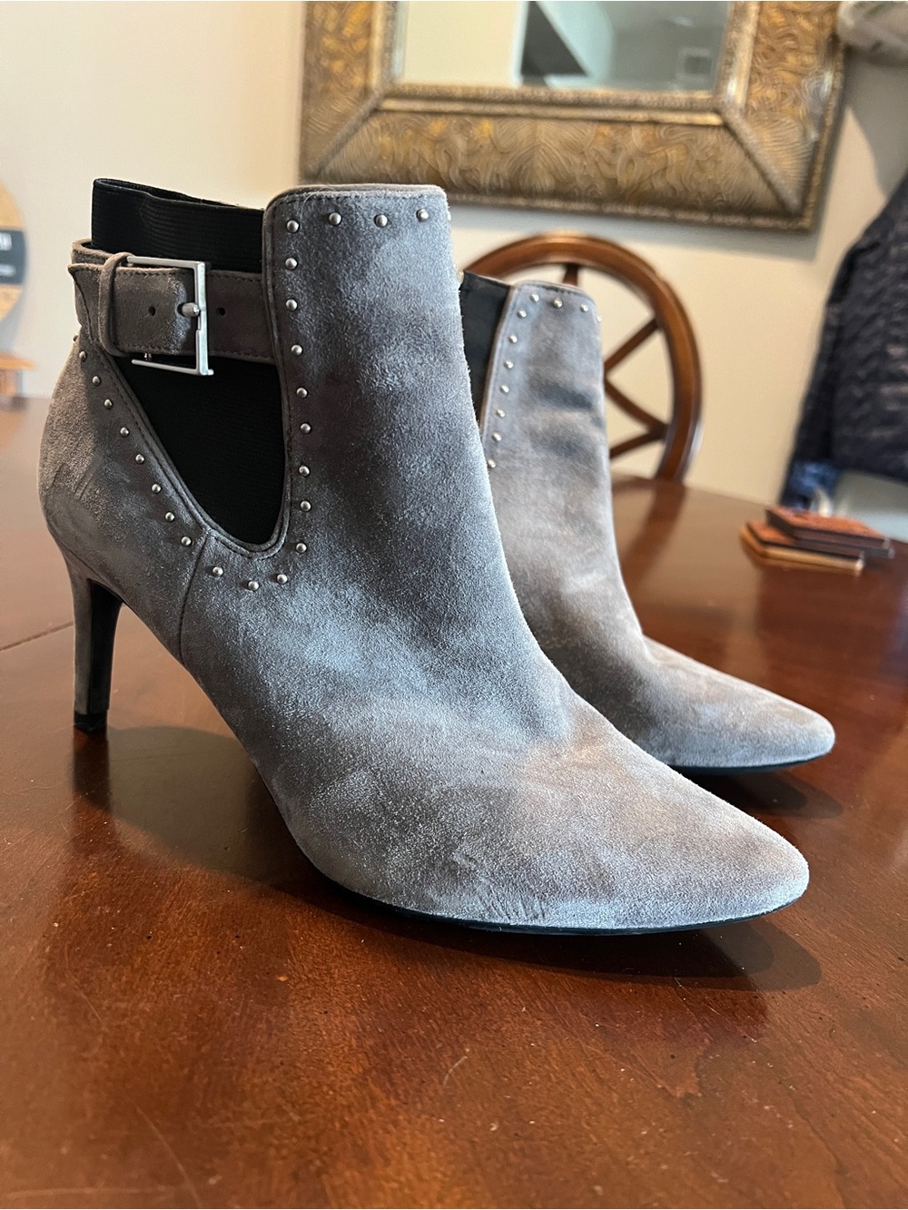 Calvin Klein Gray Suede Ankle Booties with Buckle and Stud Accent